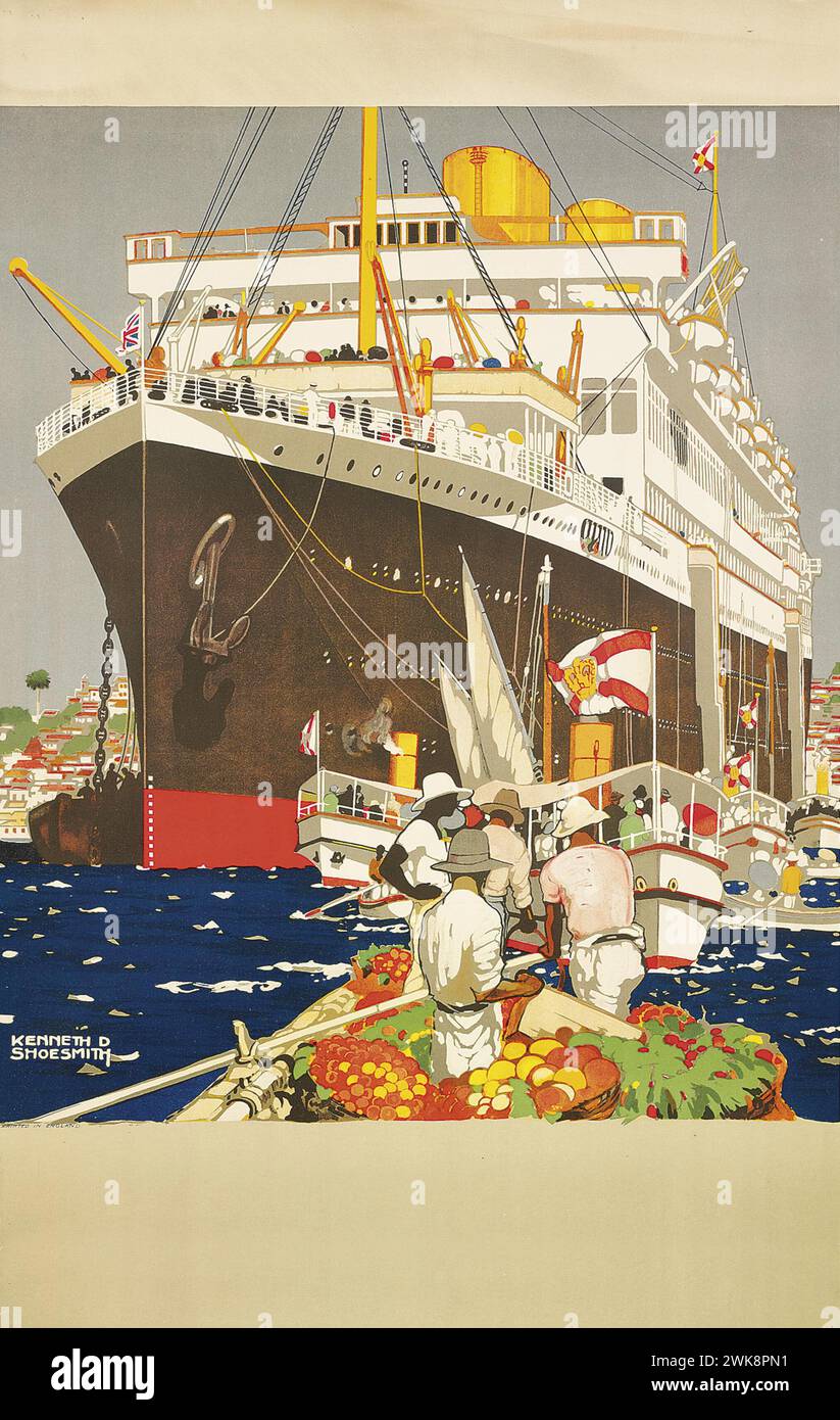 Schiffsbild vom Vintage Travel Poster für Transatlantic Cruise Ship to British Ad Poster, mit dem Bild des Schiffes im Hafen von Kenneth Shoesmith 1920er Stockfoto
