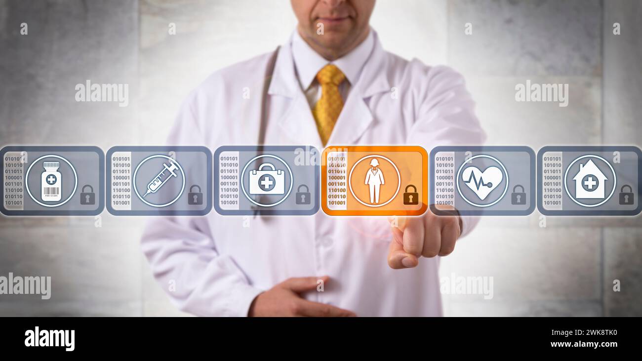 Nicht erkennbarer Arzt Zugriff auf medizinische Aufzeichnungen einer Patientin durch Auswahl eines sicheren Blocks in einer medizinischen Blockchain. Healthcare IT-Konzept für d Stockfoto