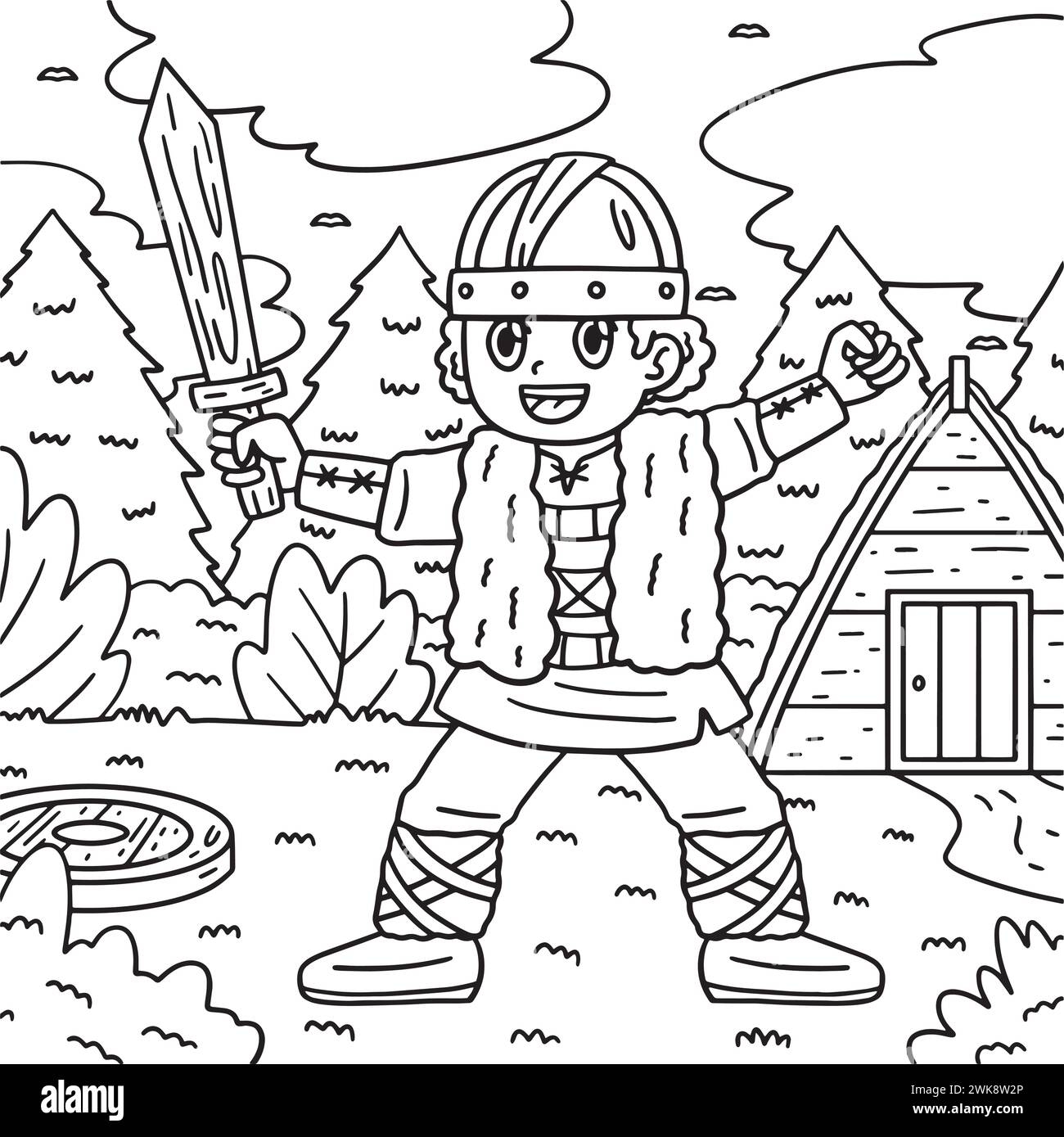 Wikingerkind mit hölzernem Schwert Malseite Stock Vektor