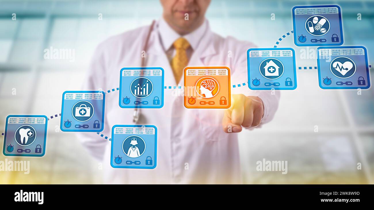 Nicht erkennbarer Arzt, der KI-Block in einer Blockchain elektronischer Krankenakten wählt. Healthcare-IT-Konzept zur Effizienzsteigerung im Gesundheitswesen Stockfoto