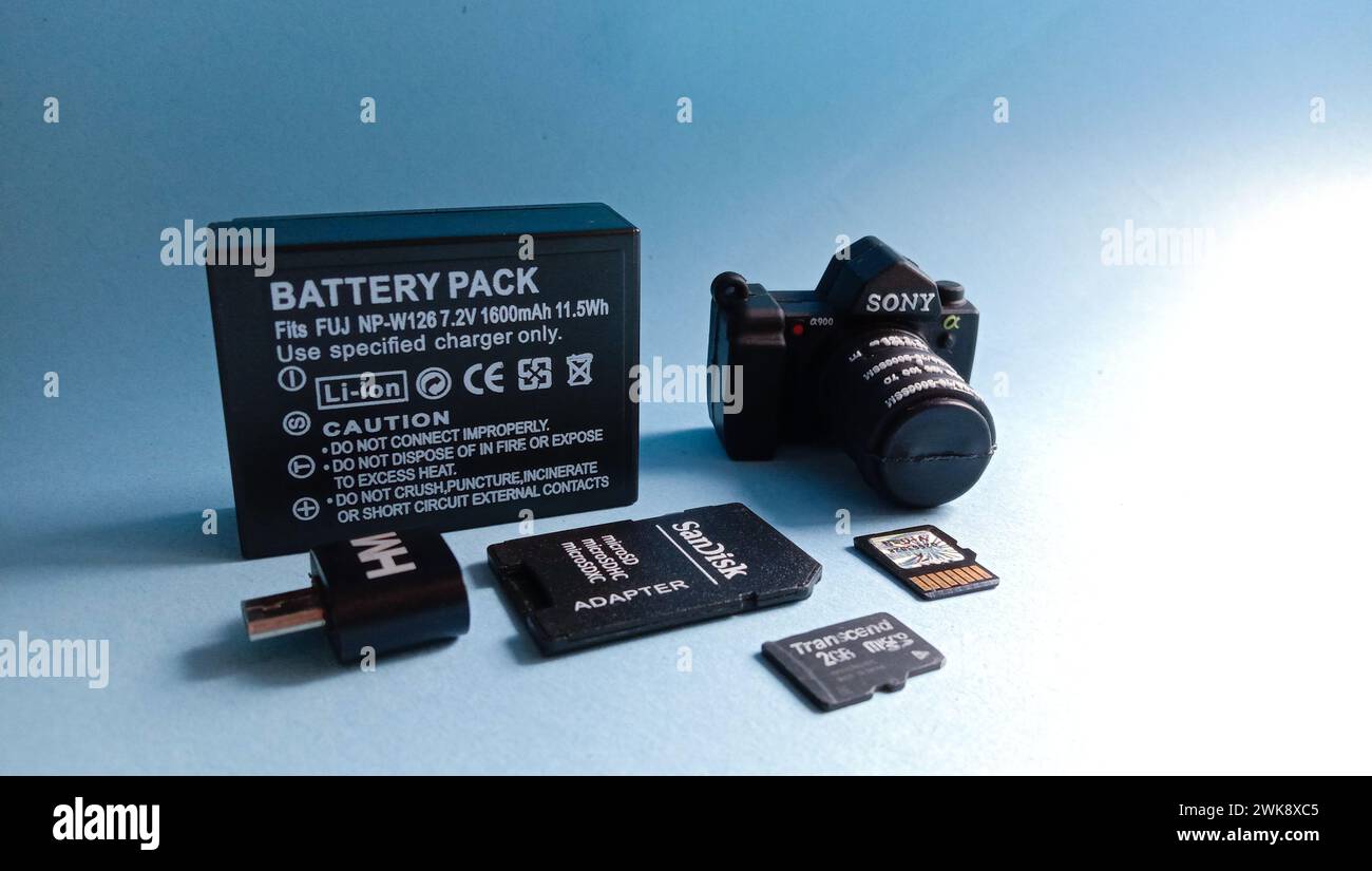 Wadaslintang, 24. Februar 2021, Fotospeicherkarte, Maus, Flash-Disk, Kamera-Akku, SD-Karte in schwarzer Speicherkarte, Maus, Blitz, Kamera-Akku, SD c Stockfoto