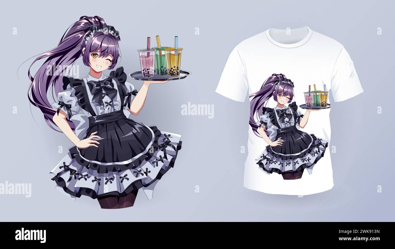 Fröhliche Dienstmädchen Café Kellnerin T-Shirt Farbe Druck Vektor Vorlage. Anime-Frau, die Cocktails für Kleidung serviert. Japanisches Manga Stock Vektor