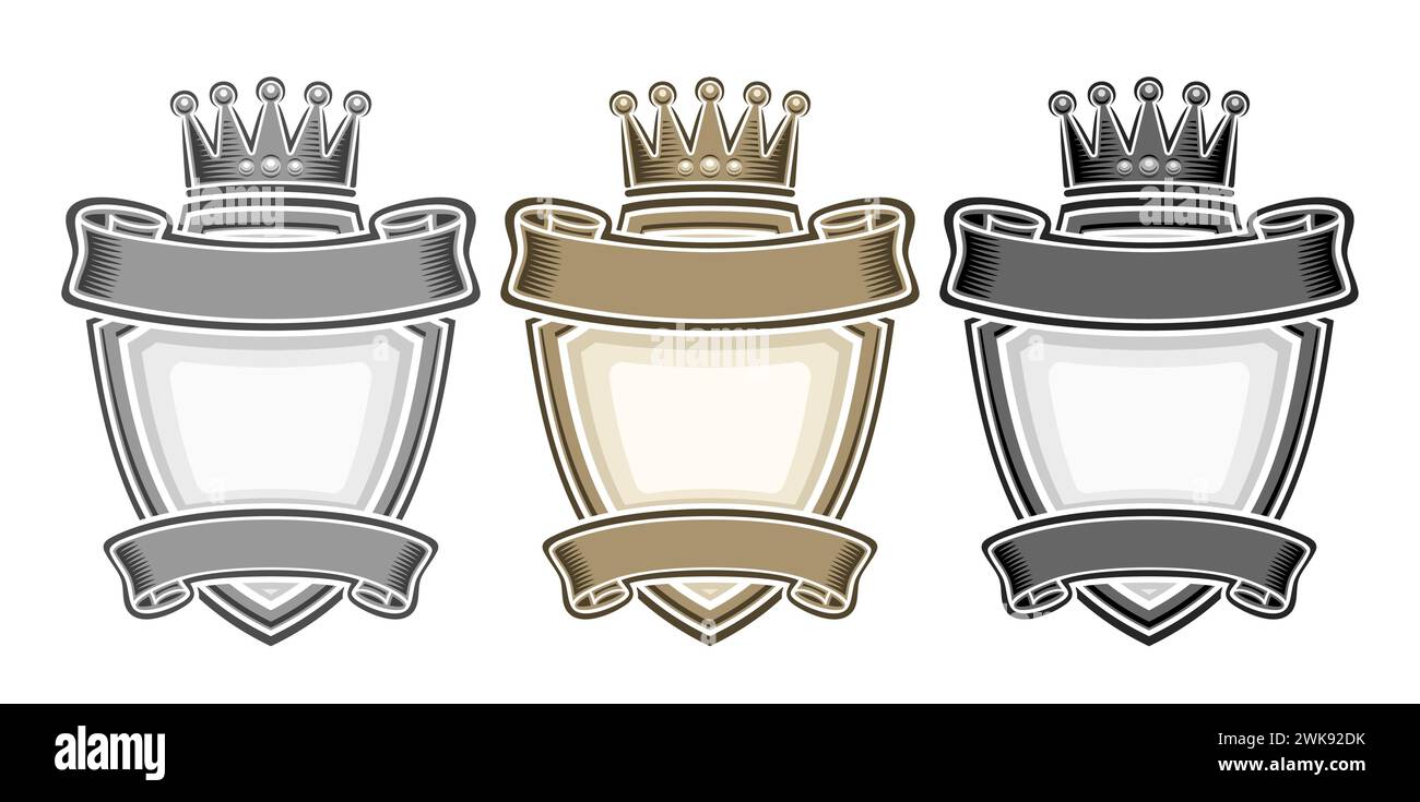 Vector Royal Emblems Set, Sammlung von 3 isolierten Illustrationen monochrome heraldische Embleme mit Kopierraum, Gruppe von dekorativen verschiedenen Vintage-Zeichen Stock Vektor