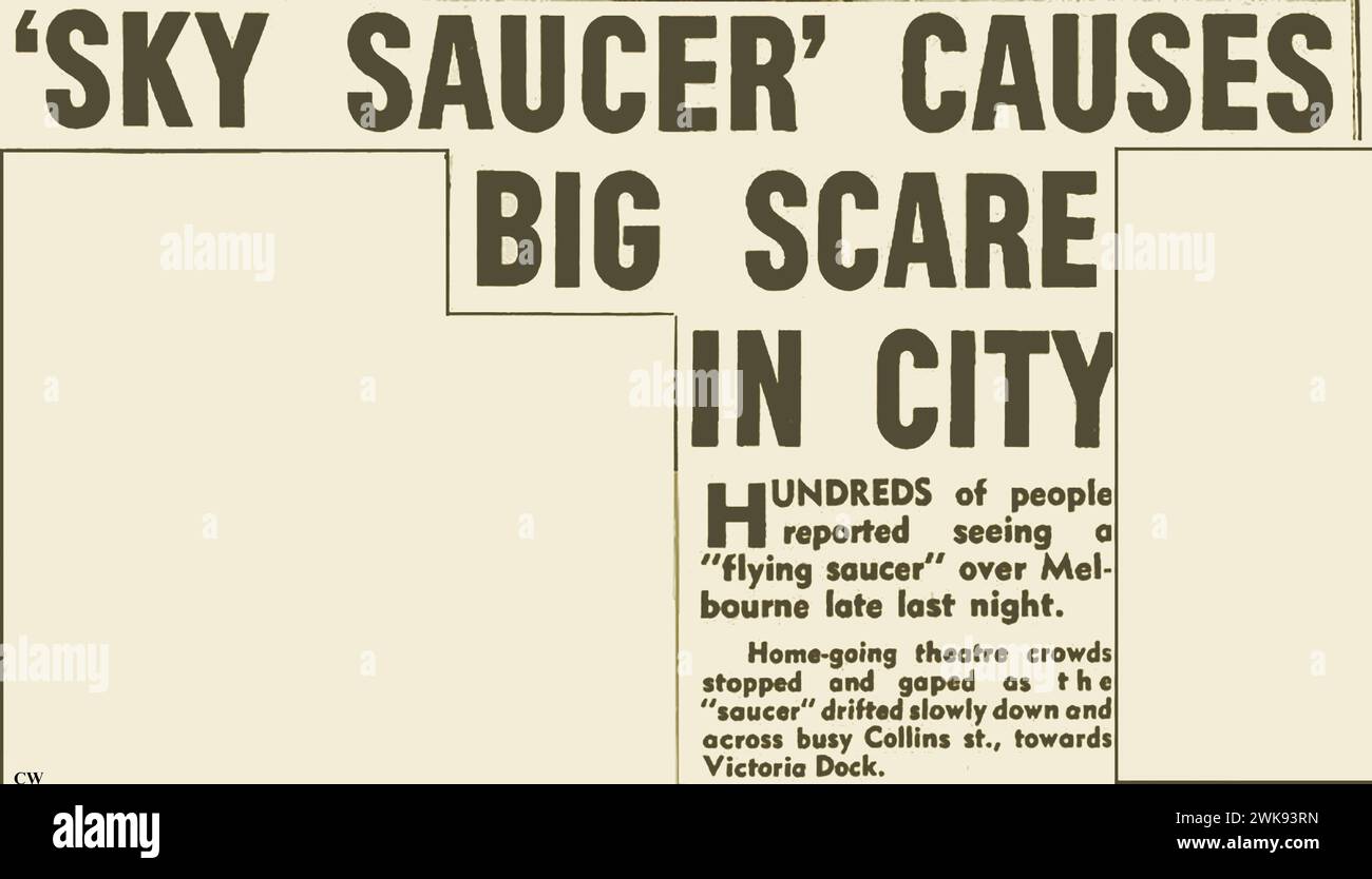 Oktober 1955, Melbourne, australisches UFO meldet Kürzung. Stockfoto