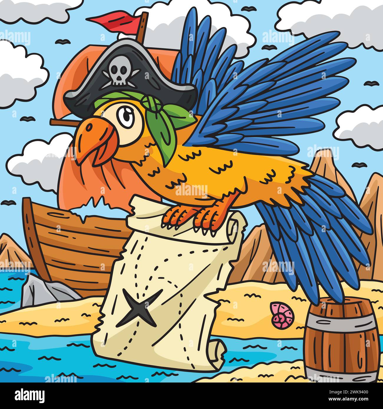 Pirate Paprot mit einem farbigen Cartoon in Kartenfarbe Stock Vektor