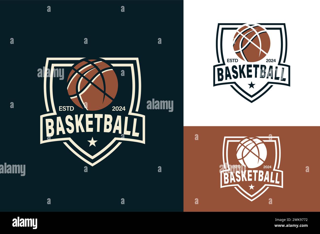 Retro-Vintage-Logo des American Sports Shield Basketballclubs, Basketballclub. Turnier Basketball Club Emblem, Design Vorlage mit mehreren dunklen und Stock Vektor