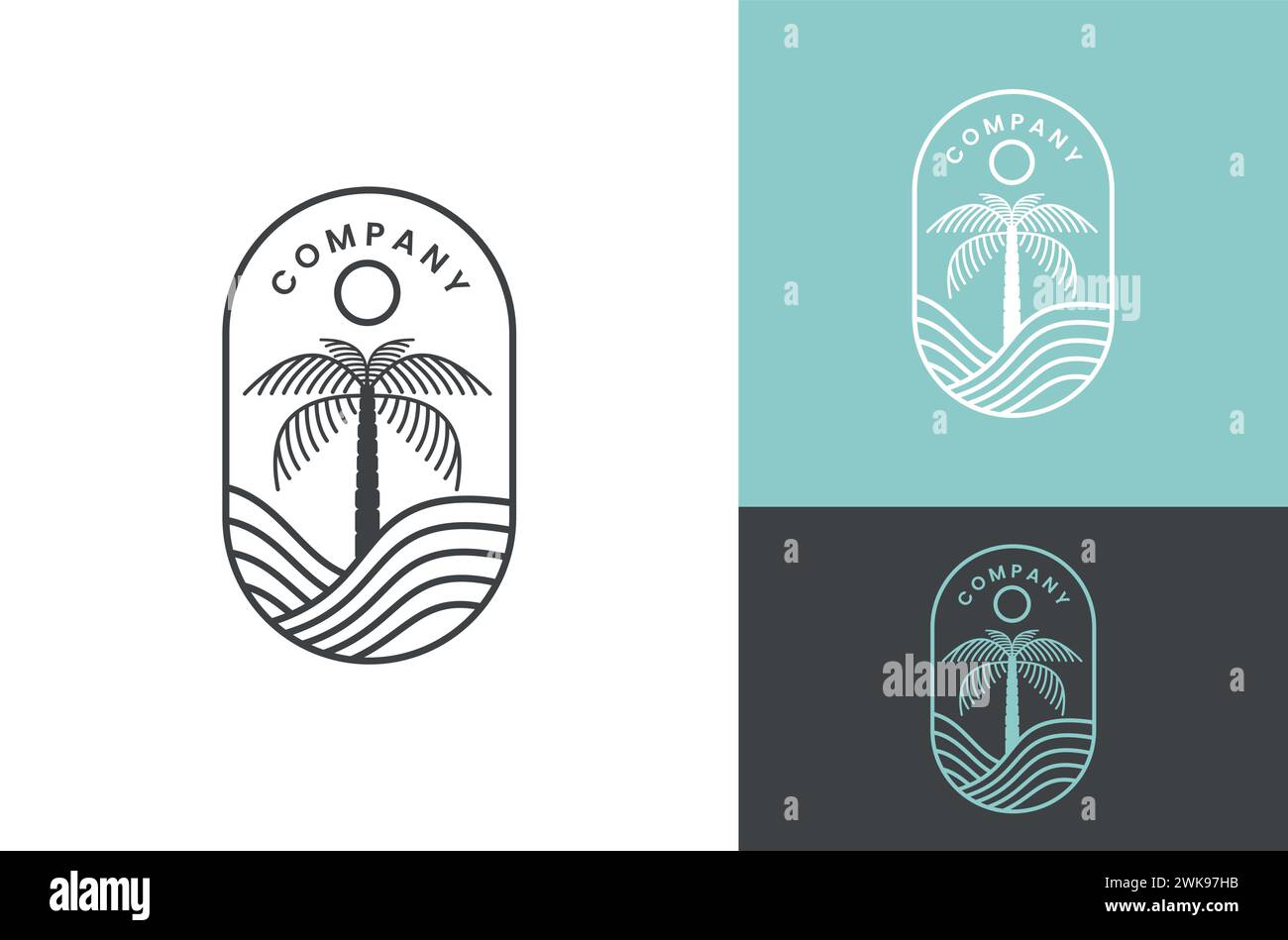 Palmeninsel-Logo mit Sonnenuntergang-Illustration, Wellenemblem auf weißem, blauem und schwarzem Hintergrund Stock Vektor