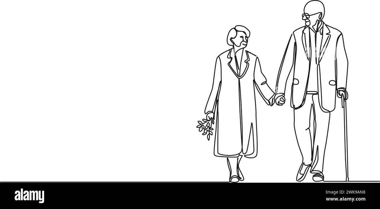 Ununterbrochene einzeilige Zeichnung des älteren Paares, das Hand in Hand geht, Linie Kunst Vektor Illustration Stock Vektor