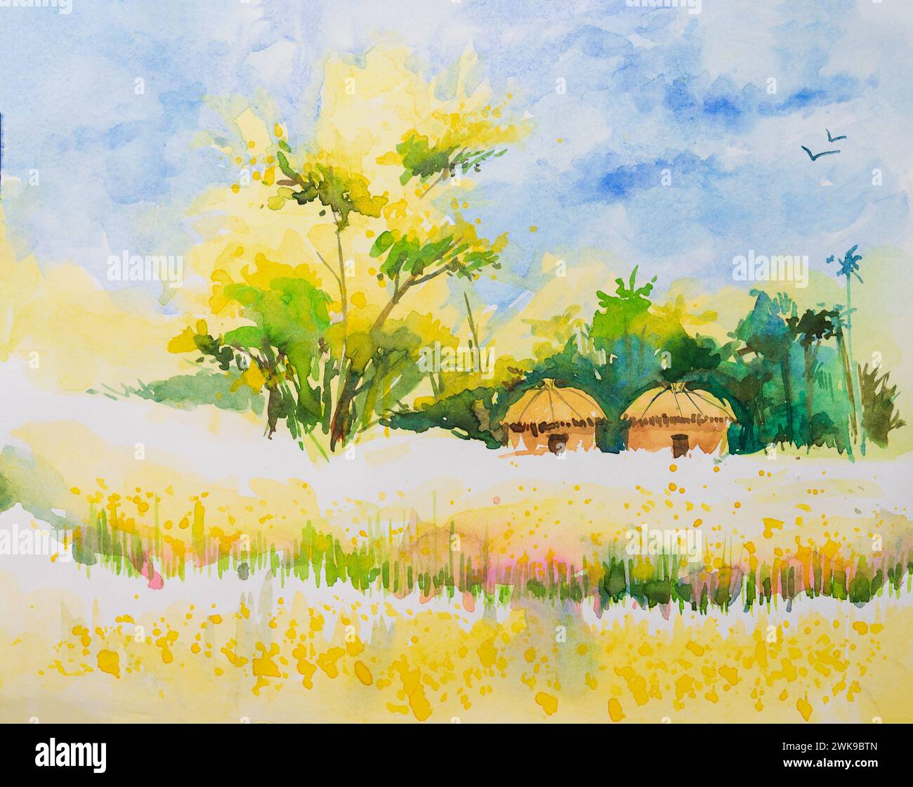Aquarellmalerei eines indischen Dorfes, zwei Häuser mit Waldhintergrund und gelbem Reisfeld im Vordergrund. Indische Aquarellmalerei, handgezeichnet. Stockfoto