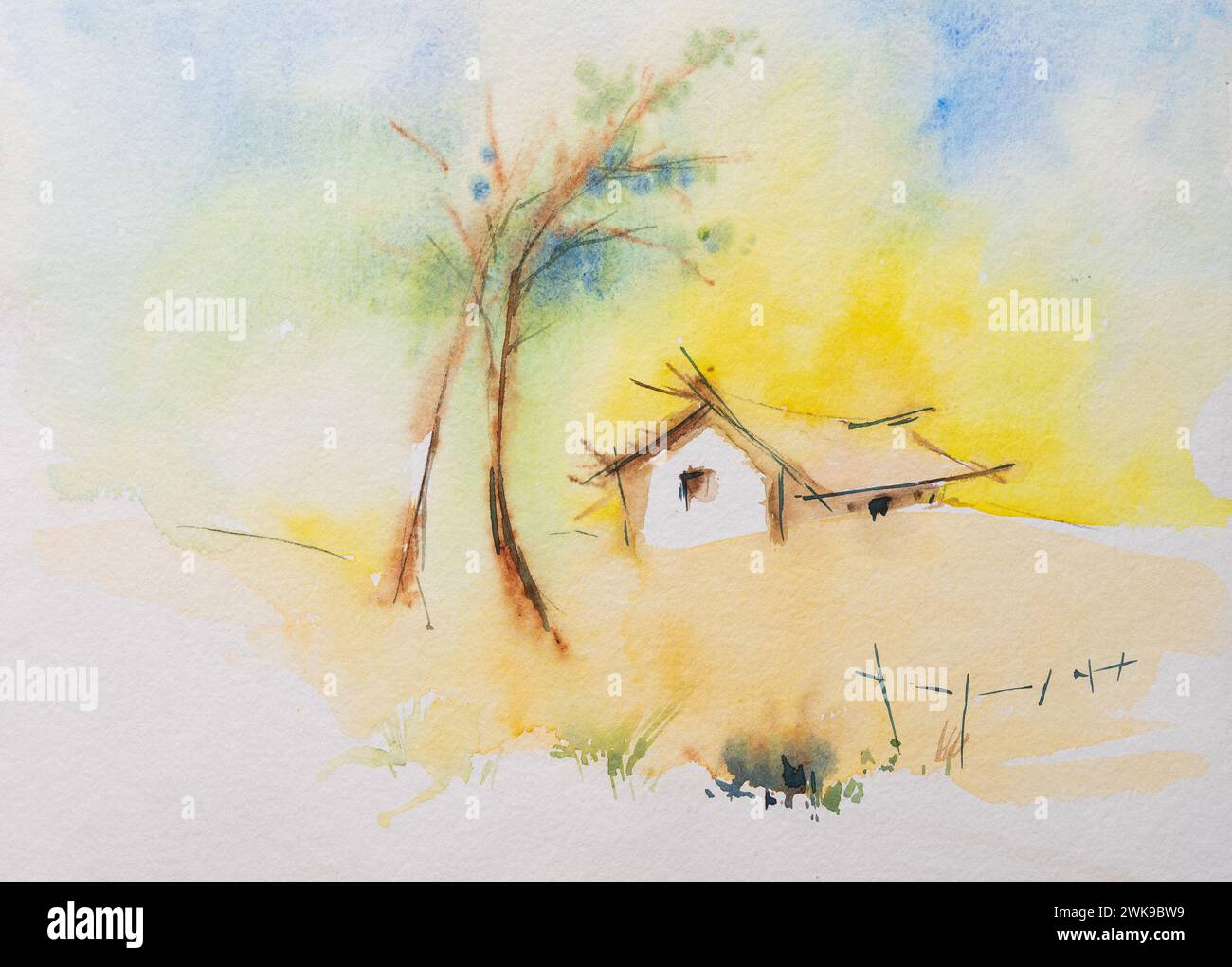 Aquarellmalerei eines indischen Dorfes, ein Haus mit Waldhintergrund und gelbem Feld im Vordergrund. Indische Aquarellmalerei mit Farben. Stockfoto