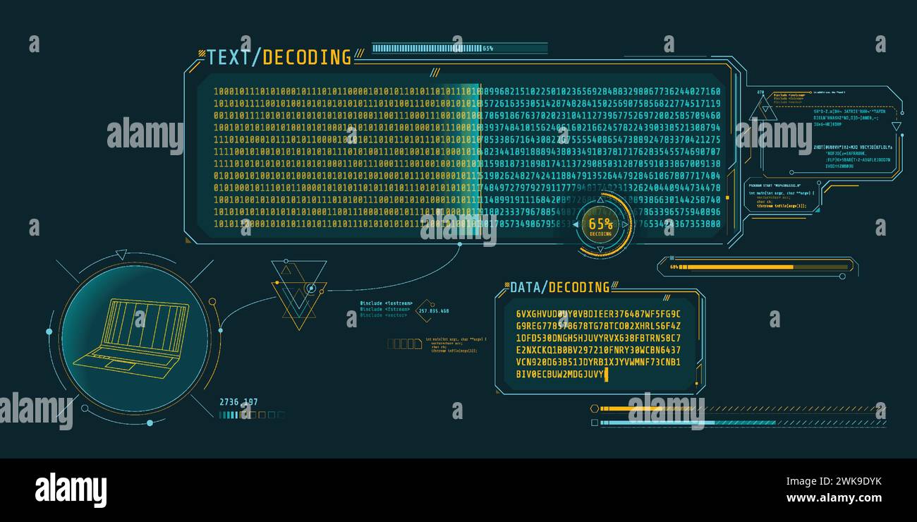 Bildschirm für die Datenentschlüsselung mit Fenster für die Textdekodierung. Stock Vektor