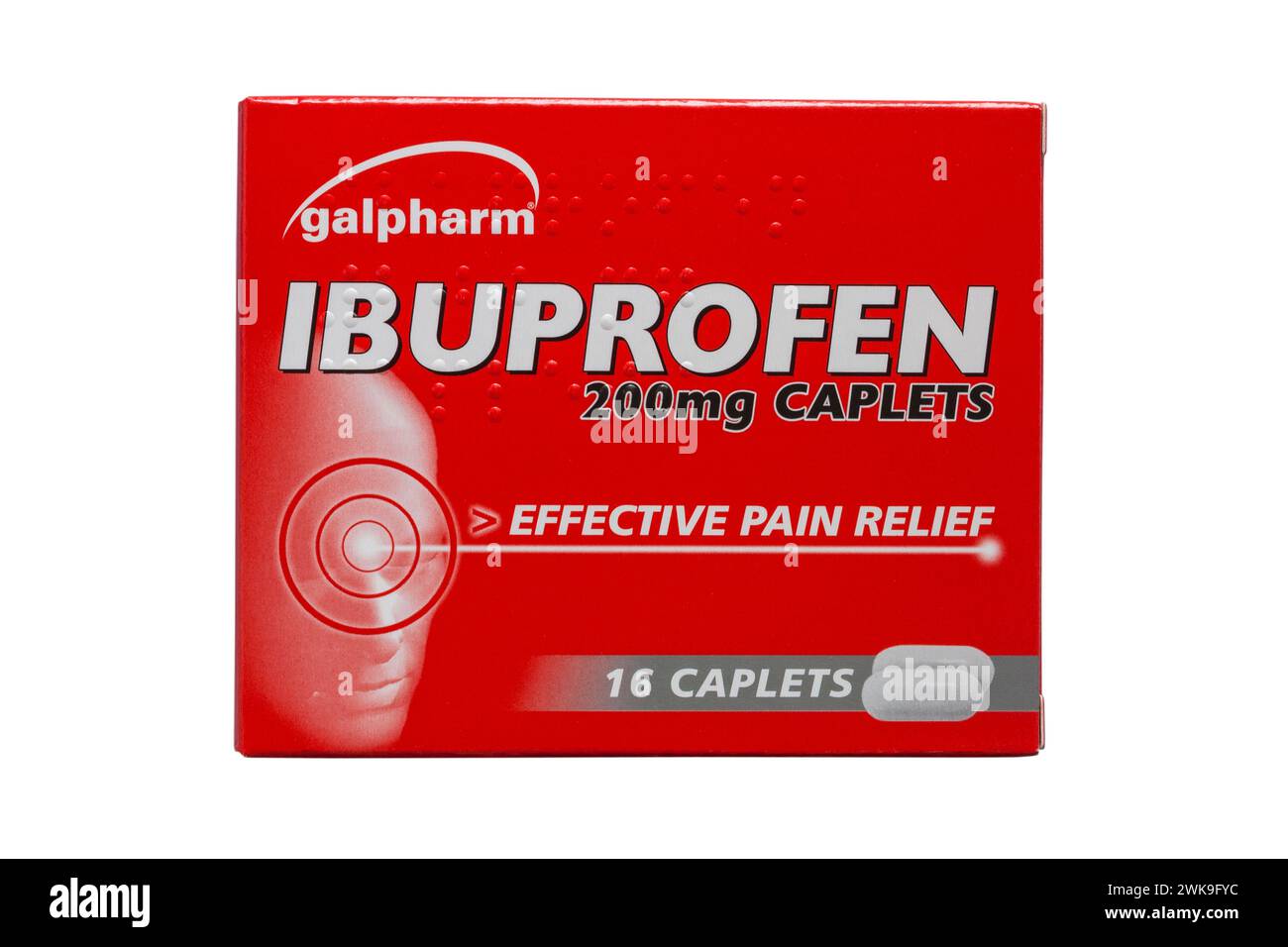 Galpharm Ibuprofen 200mg Kaplets effektive Schmerzlinderung Tabletten Medikamente isoliert auf weißem Hintergrund Stockfoto