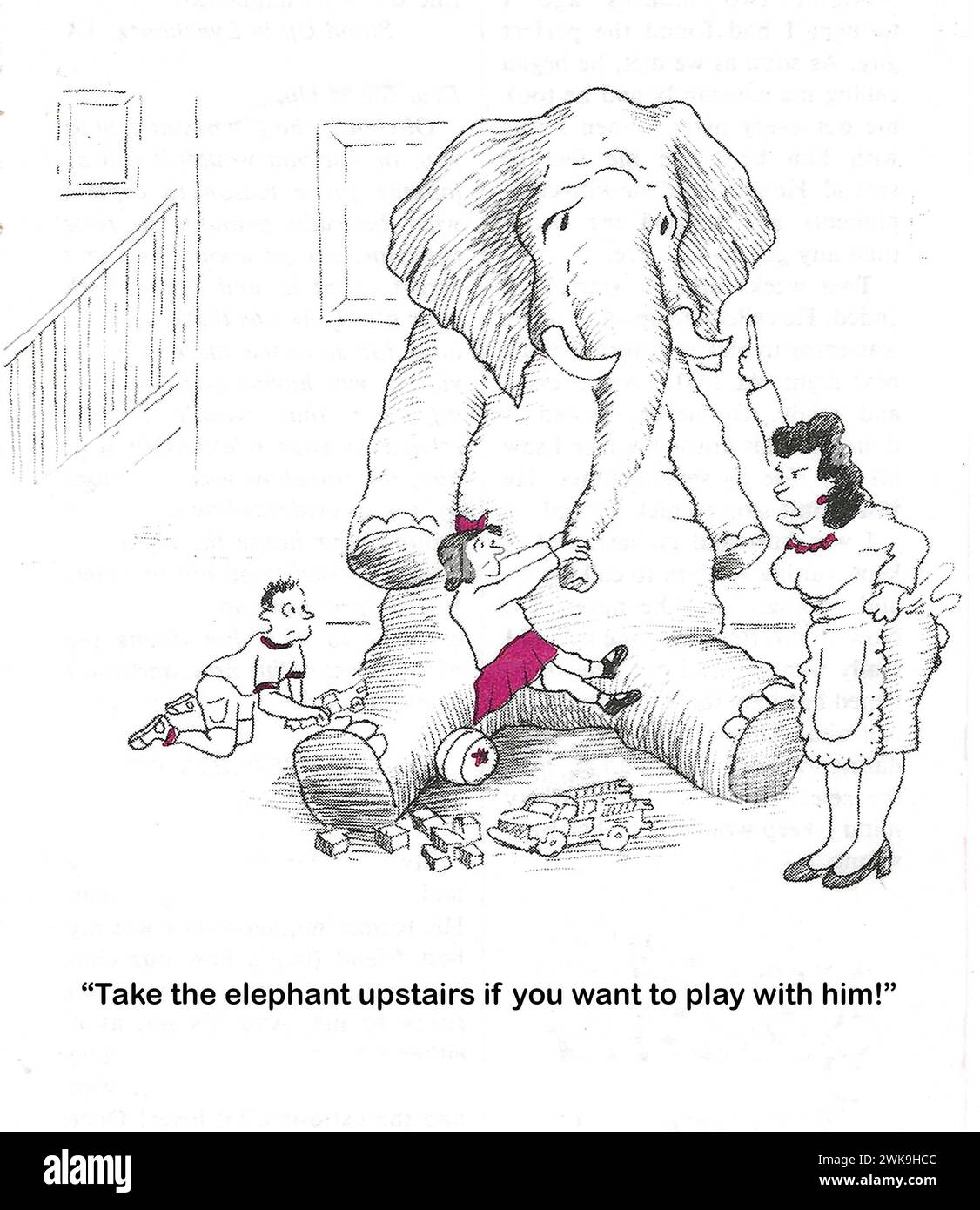 BW Cartoon von zwei Kindern, die mit einem echten Elefanten in ihrem Haus spielen, Mom sagt, dass sie den Elefanten nach oben nehmen! Stockfoto