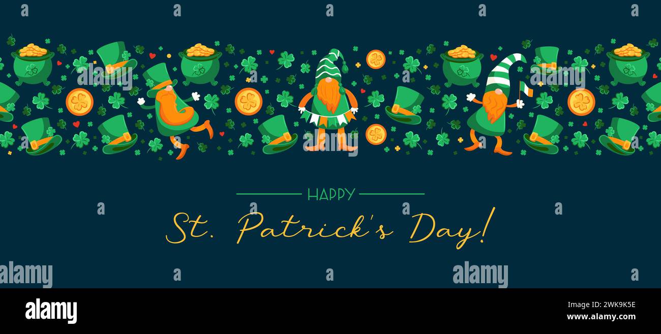 Horizontales Banner von St. Patricks Day-Symbole. Leprechauns. Zeichentrickfiguren in Top-Hut, mit Girlande, irischer Flagge. Goldener Kessel, Vintage. 4-l Stock Vektor