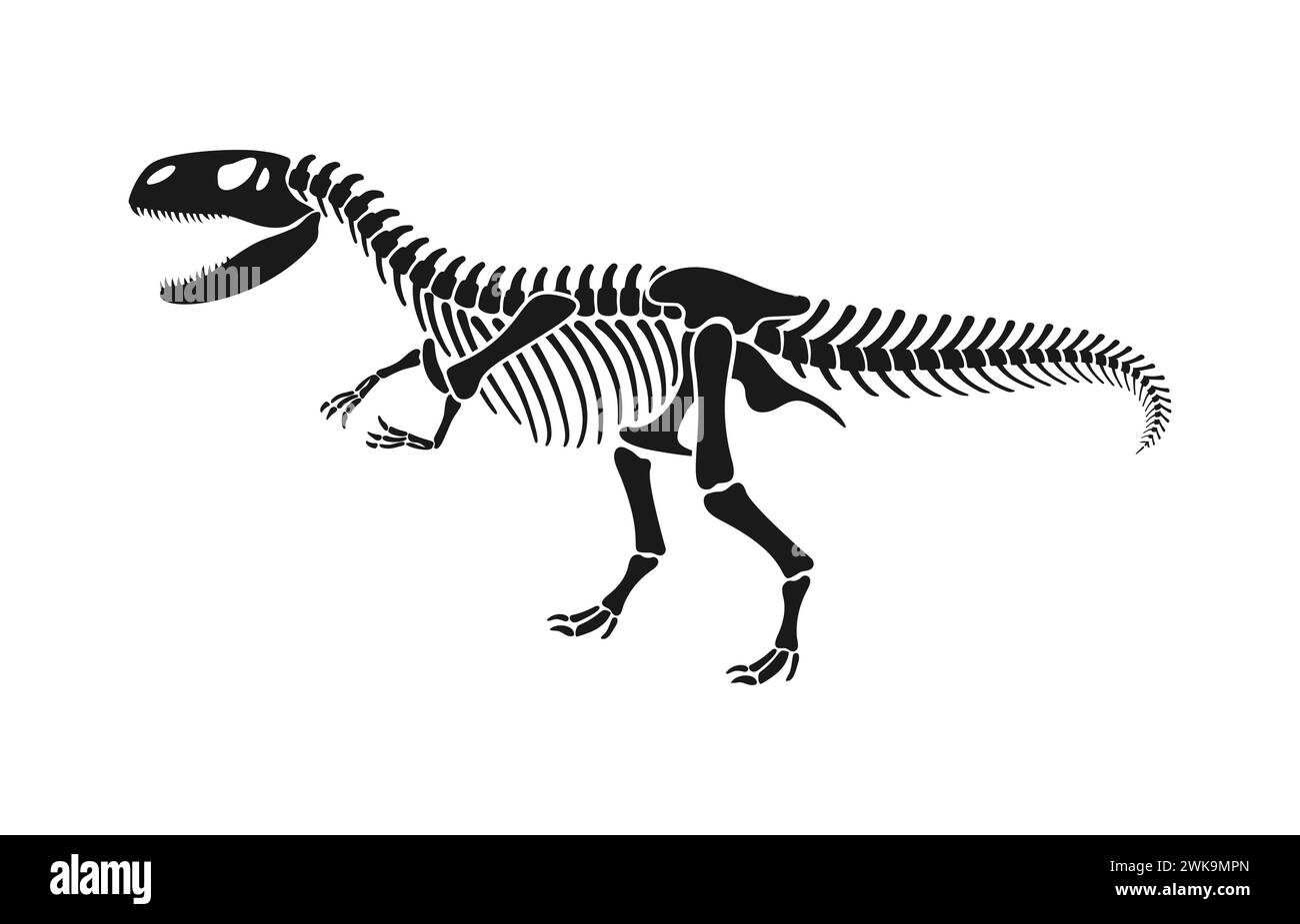 Isoliertes Dinosaurierskelett Fossil oder jurassische Dinosaurierknochen, Vektorabdruck. Dinosaurier-Archäologie-Fossilienskelett ausgestorbener Reptilienechse, T-rex Tyrannosaurus oder Velociraptor dino-Knochen-Silhouette Stock Vektor