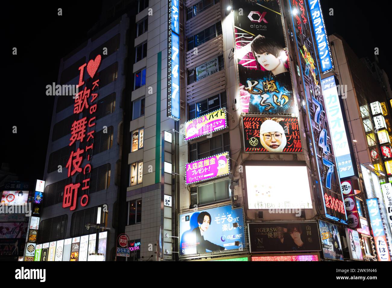 Die Straßen von Shinjuku leuchten mit Neonlichtern und betonen den nächtlichen Charme des Viertels. Stockfoto