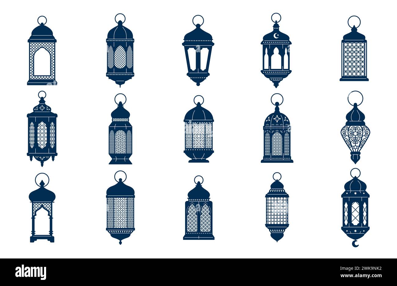 Arabisch-islamische Laternen oder Lampensilhouetten, ramadan- oder eid-mubarak-Weihnachtsbeleuchtung. Isolierte Vektoren verzierte Symbole für Licht, Freude und Feier. Dekorative Häuser und festliche Straßenlampen Stock Vektor