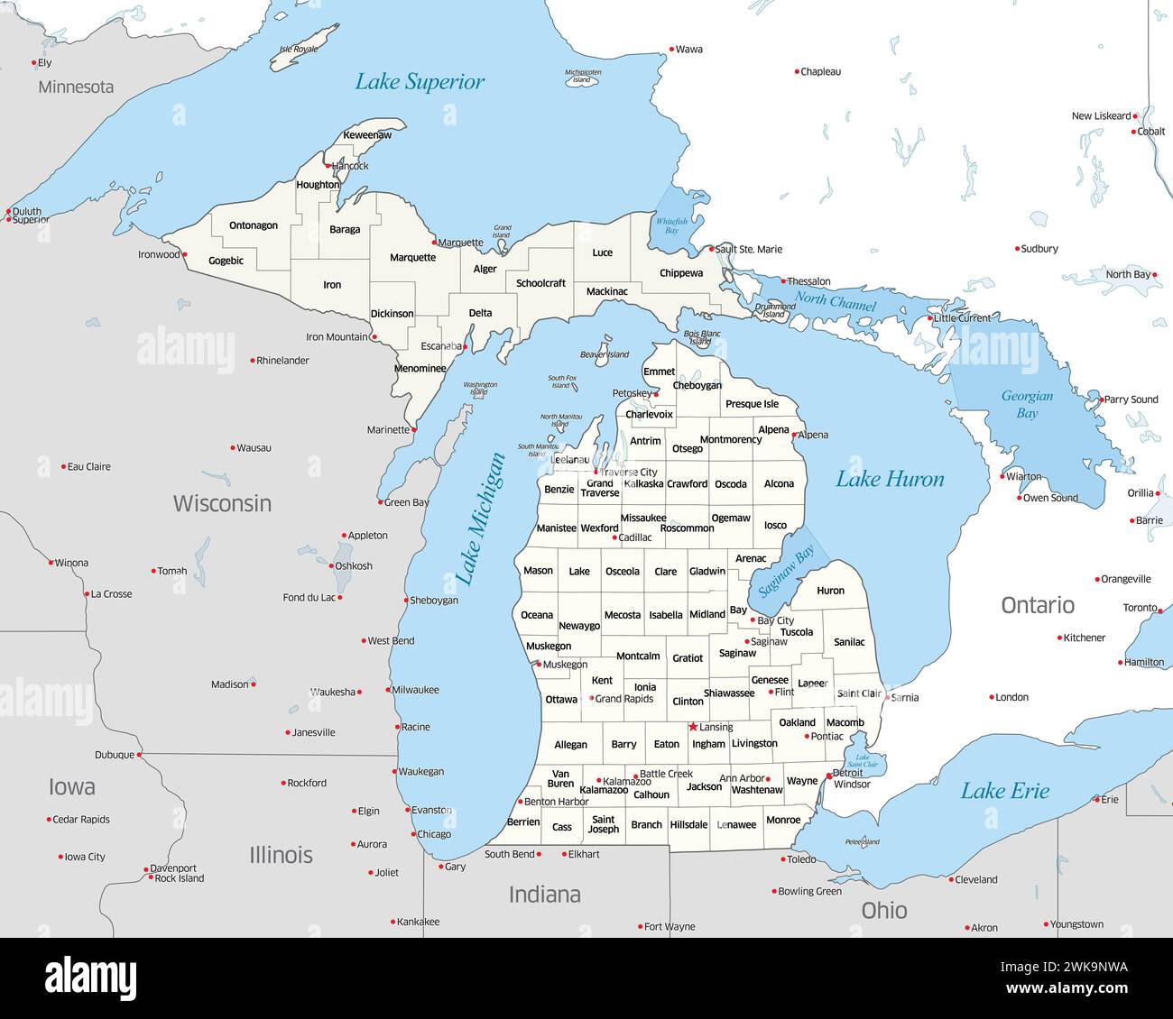 Karte mit den verschiedenen Countys des US-Bundesstaates Michigan Stockfoto