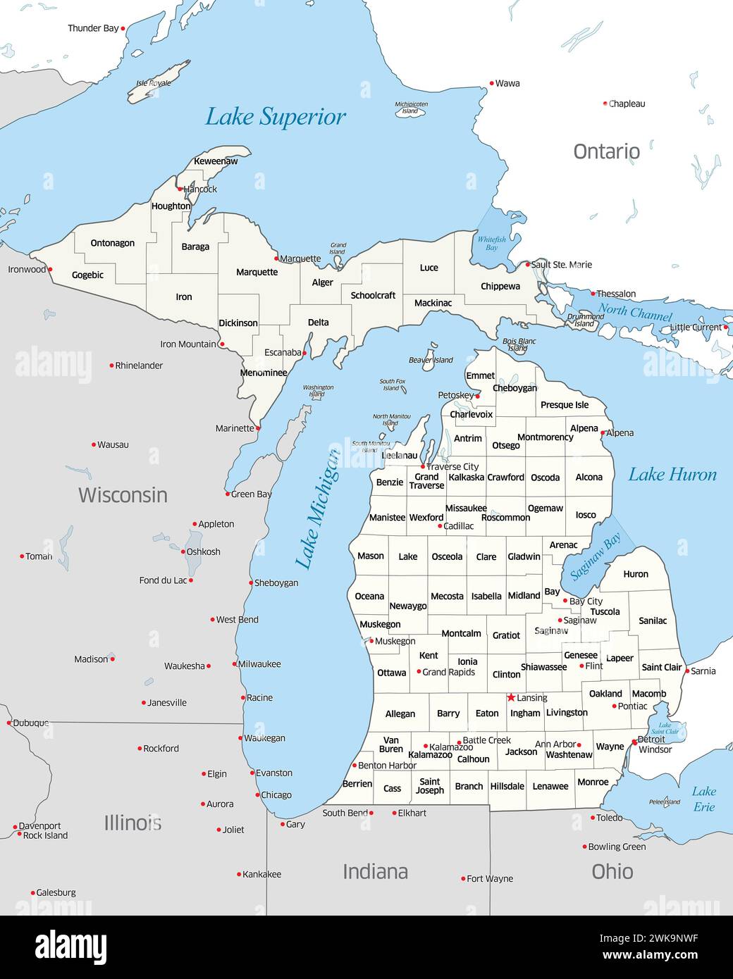 Karte mit den verschiedenen Countys des US-Bundesstaates Michigan Stockfoto