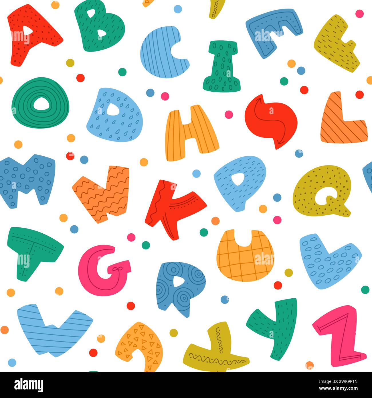 Niedliches nahtloses Schriftmuster für Kinder. Abgerundete farbige Buchstaben mit Punkten und Linien, wiederholtes lustiges Alphabet, englischer abc-Druck, Textil für Kinderzimmer Stock Vektor