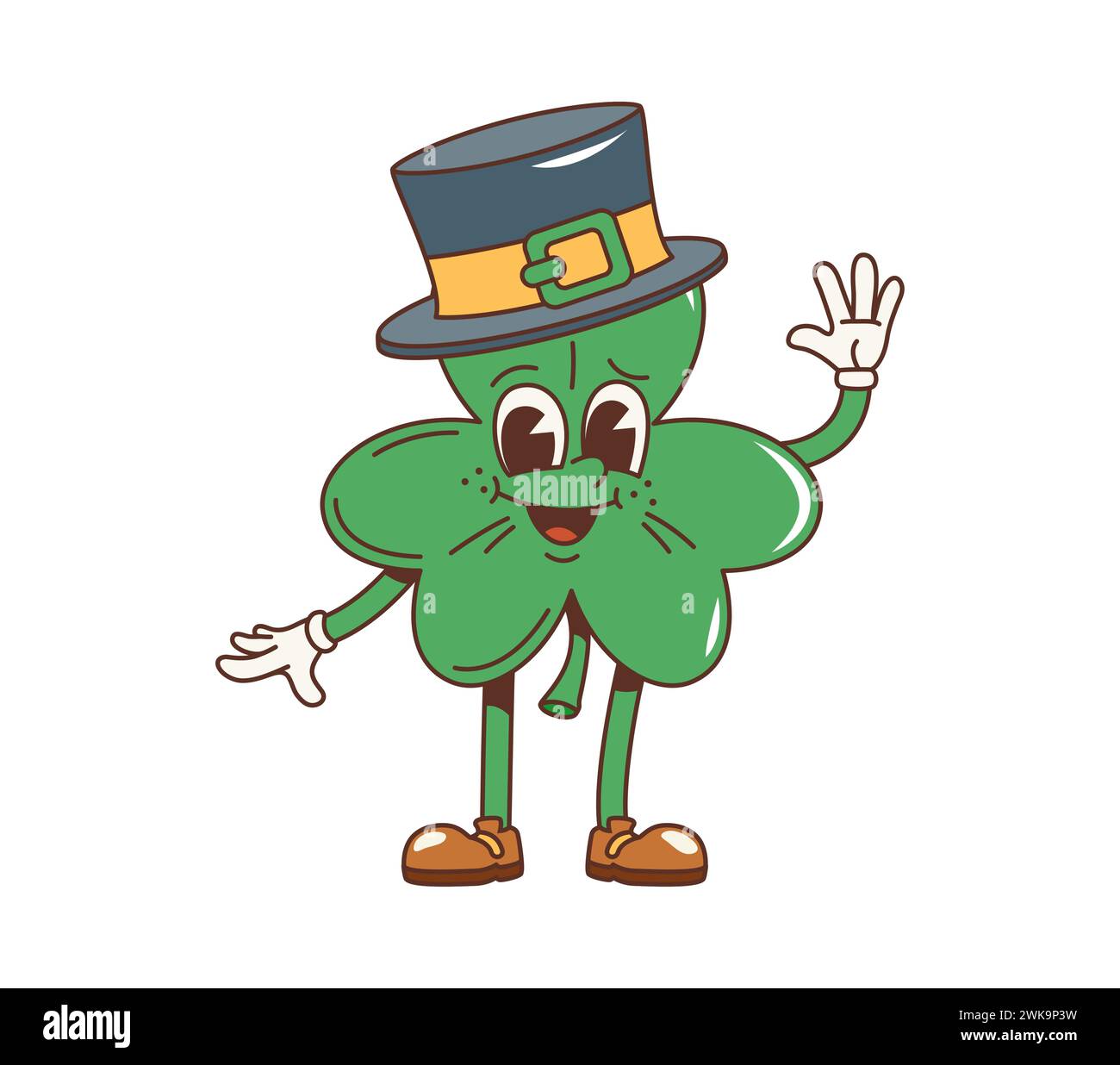 Cartoon Retro Shamrock Kleeblatt grooviger Charakter. Isolierte Vektor-Feiertagsfigur trägt einen Leprechaun-Hut, winkt die Hand mit einem freundlichen Lächeln und verbreitet Freude und Glück für den Irish Patrick Day Stock Vektor