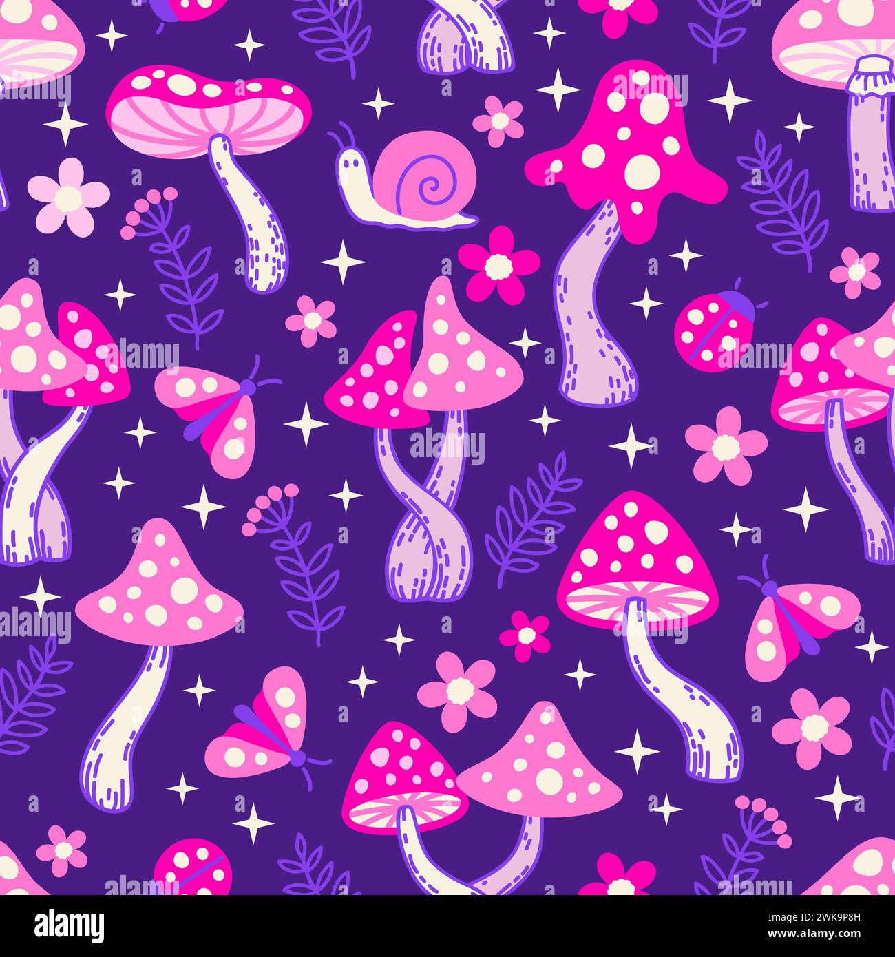 Vektor-nahtloses Muster von Neonviolett amanita Pilzen in der Nacht. Stilisierte Pilze in neonrosa und lila Farben auf dunklem Hintergrund Stock Vektor