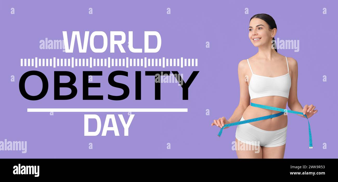 Banner zum Welttag der Adipositas mit schlanker, junger Frau, die ihre Taille misst Stockfoto