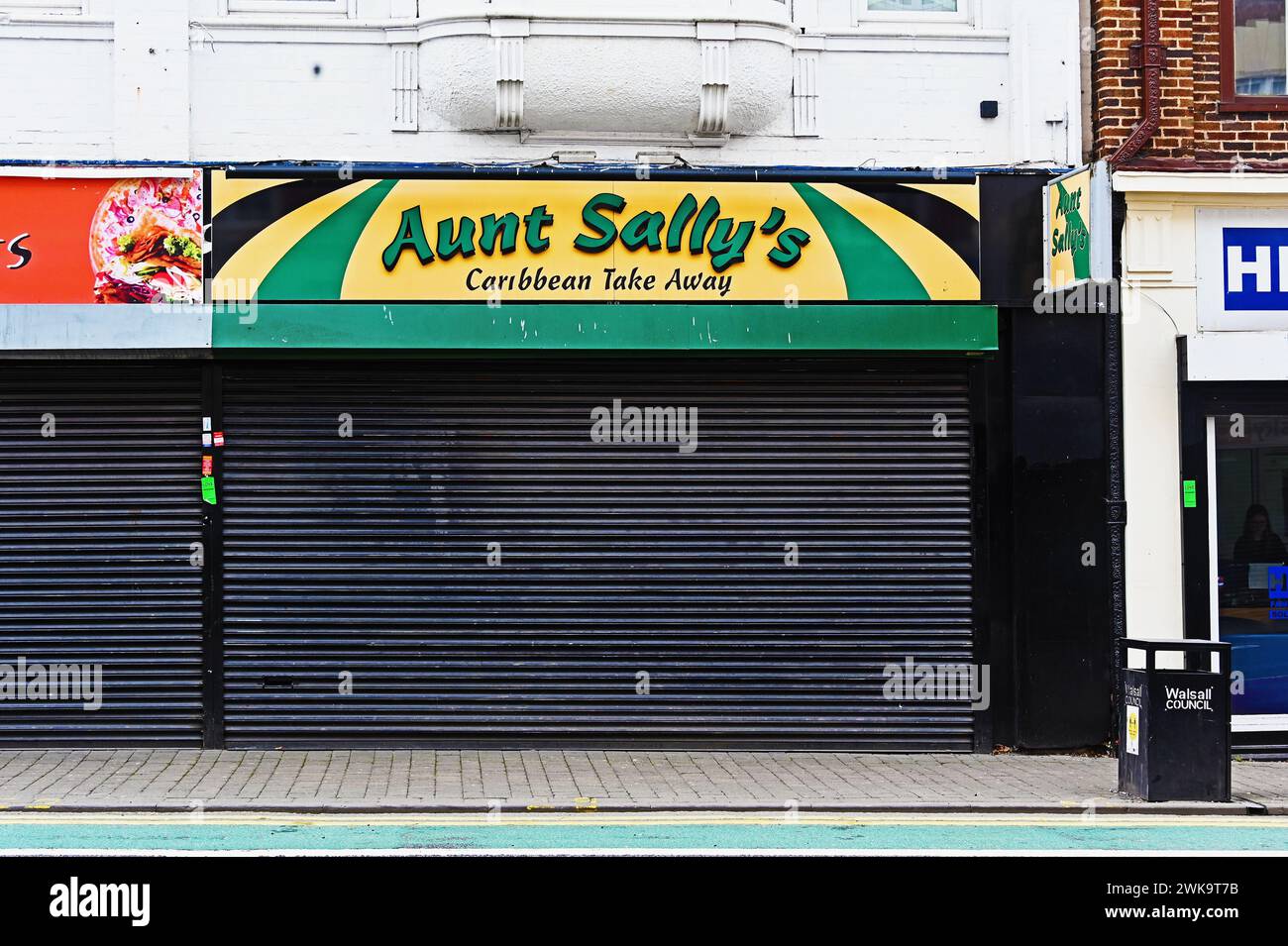 Tante Sally's Caribbean Take away. Bridge Street, Walsall, West Midlands, England, Vereinigtes Königreich, Europa. Stockfoto