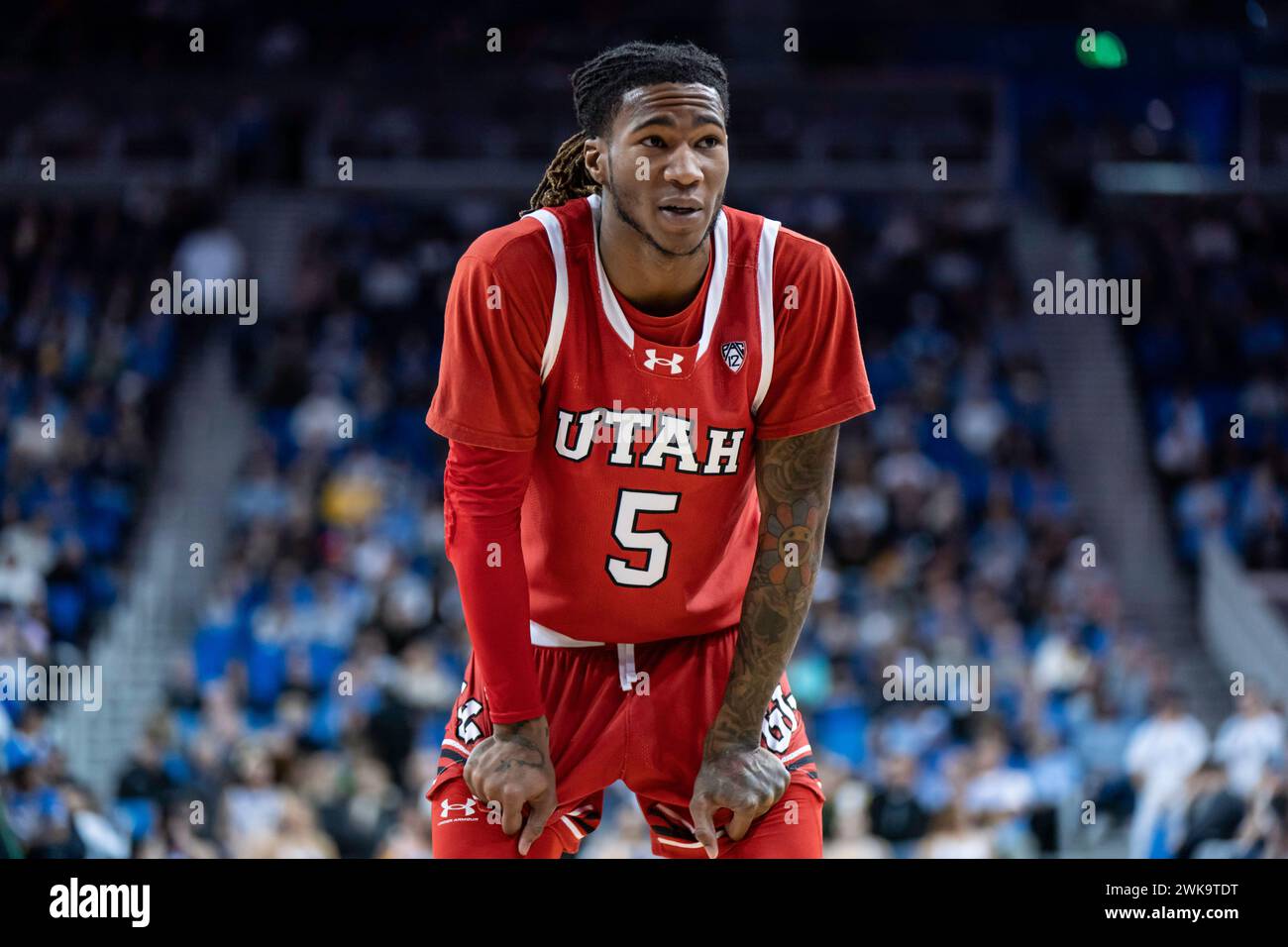 Utah Utes Wächter Deivon Smith (5) während eines NCAA-Basketballspiels gegen die UCLA Bruins am Sonntag, den 18. Februar 2024, im Pauley Pavilion, in Westwo Stockfoto