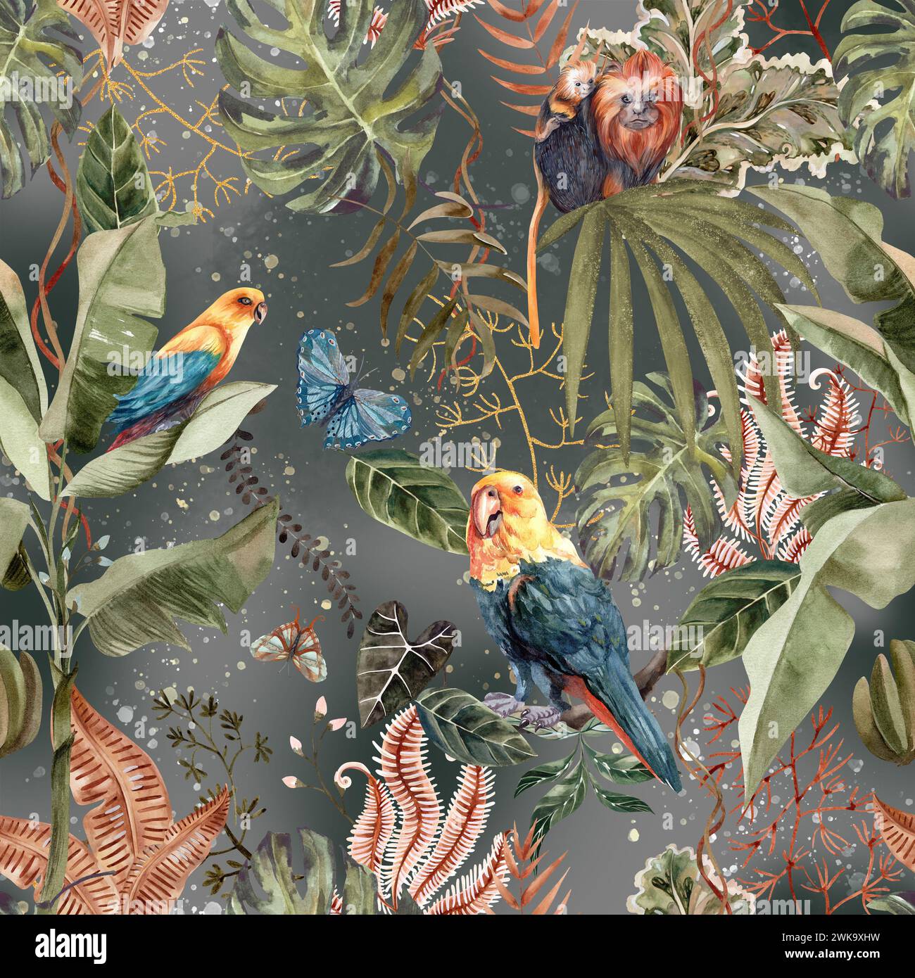 Wunderschönes Muster mit schönen Aquarellpapageien und tropischen Blättern, die für das Design von Souvenirs, Postkarten, Plakaten und Einladungen zeichnen. Stockfoto