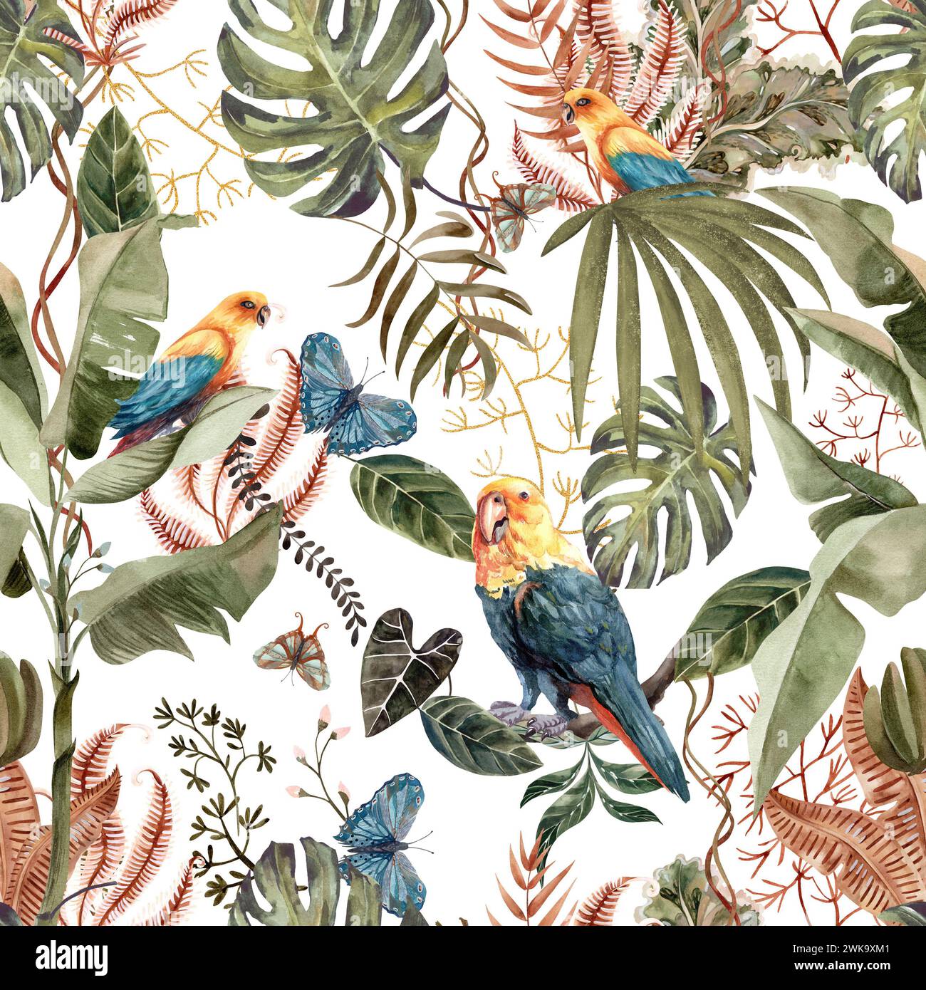 Wunderschönes Muster mit schönen Aquarellpapageien und tropischen Blättern, die für das Design von Souvenirs, Postkarten, Plakaten und Einladungen zeichnen. Stockfoto