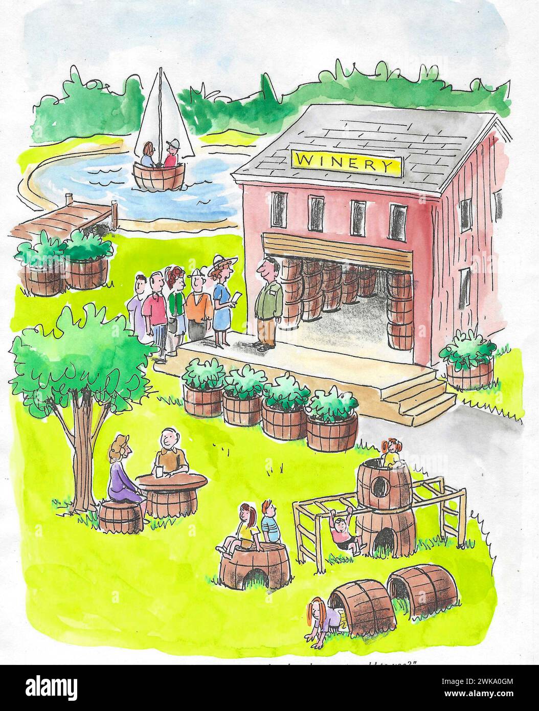 Farbcartoon eines Weinguts, das viele Verwendungen für ihre leeren Weinfässer geschaffen hat - Pflanzenhalter, Segelboot, Spielzeug für Kinder, Sitze und vieles mehr. Stockfoto