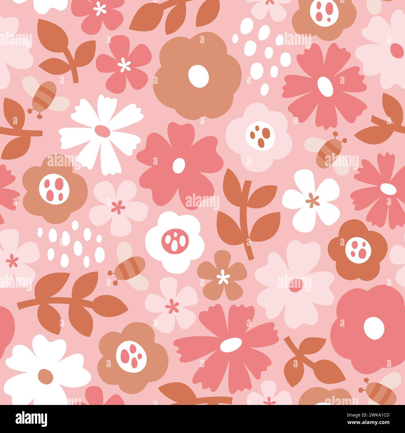 Nahtloses skandinavisches Blumenmuster mit romantischen Rosa-Tönen. Blumen isoliert auf rosa Hintergrund. Niedliche Vektor-Illustration. Stock Vektor