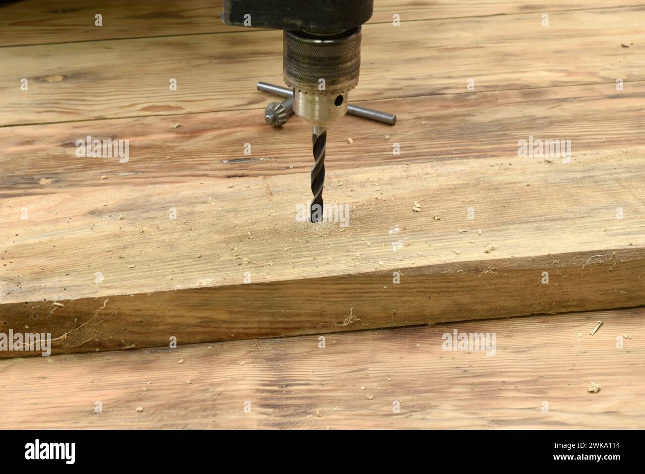 Der Zimmermann macht mit einem Bohrer ein Loch in das Brett, Holzspäne werden gegossen. Stockfoto