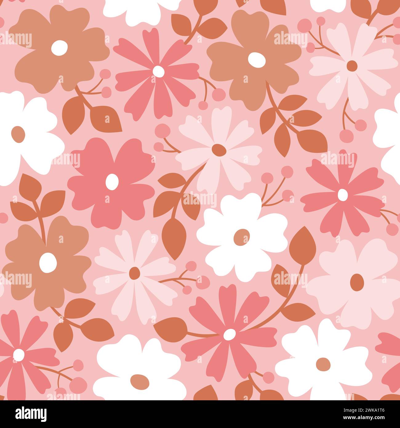 Nahtloses skandinavisches Blumenmuster mit romantischen Rosa-Tönen. Blumen isoliert auf rosa Hintergrund. Niedliche Vektor-Illustration. Stock Vektor