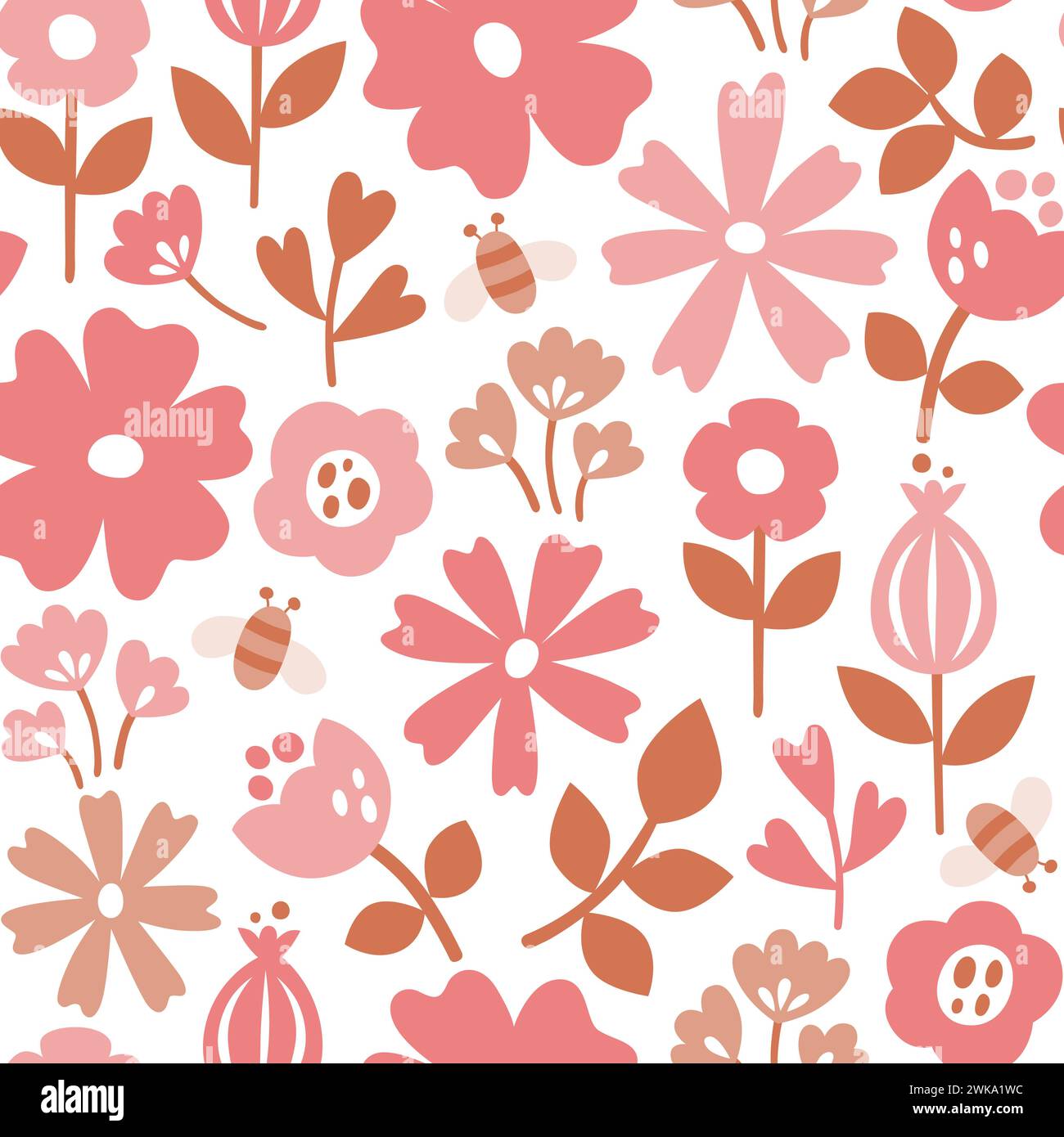 Nahtloses skandinavisches Blumenmuster mit romantischen Rosa-Tönen. Blumen isoliert auf weißem Hintergrund. Niedliche Vektor-Illustration. Stock Vektor