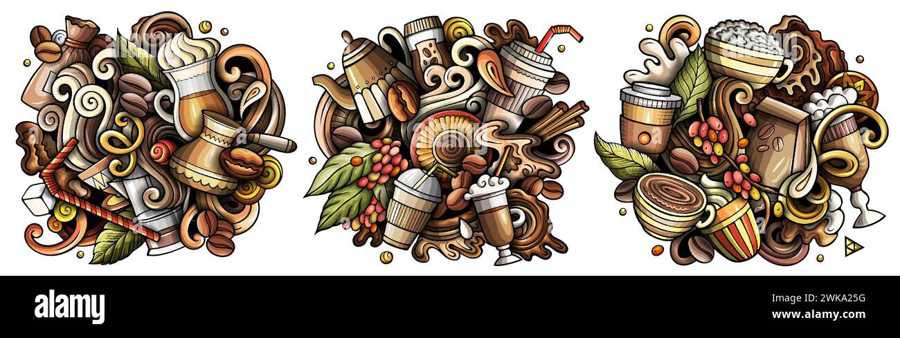 Kaffee-Karikatur-Vektor-Kritzelentwürfe Set Stock Vektor