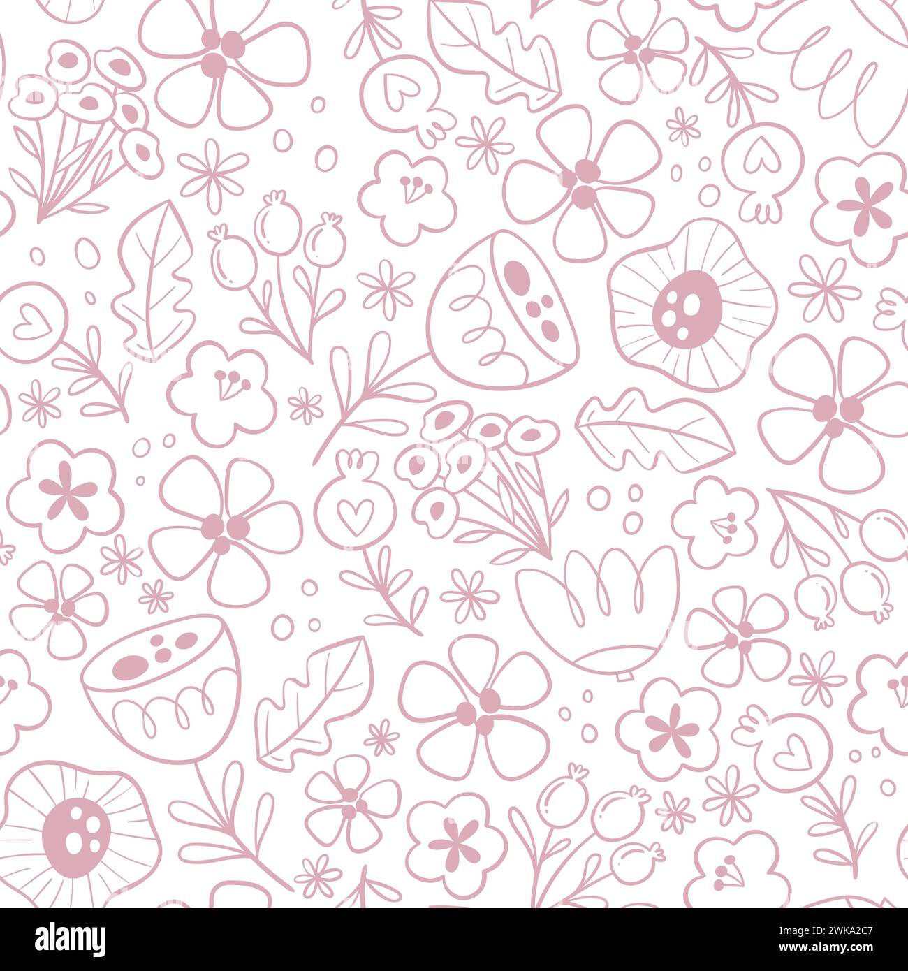 Nahtloses Blumenmuster im Doodle-Stil. Niedliches nahtloses Blumenmuster mit Linienkunstblumen isoliert auf weißem Hintergrund. Vektorabbildung. Stock Vektor