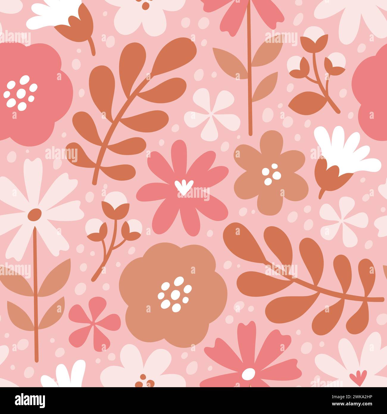 Nahtloses skandinavisches Blumenmuster mit romantischen Rosa-Tönen. Blumen isoliert auf rosa Hintergrund. Niedliche Vektor-Illustration. Stock Vektor