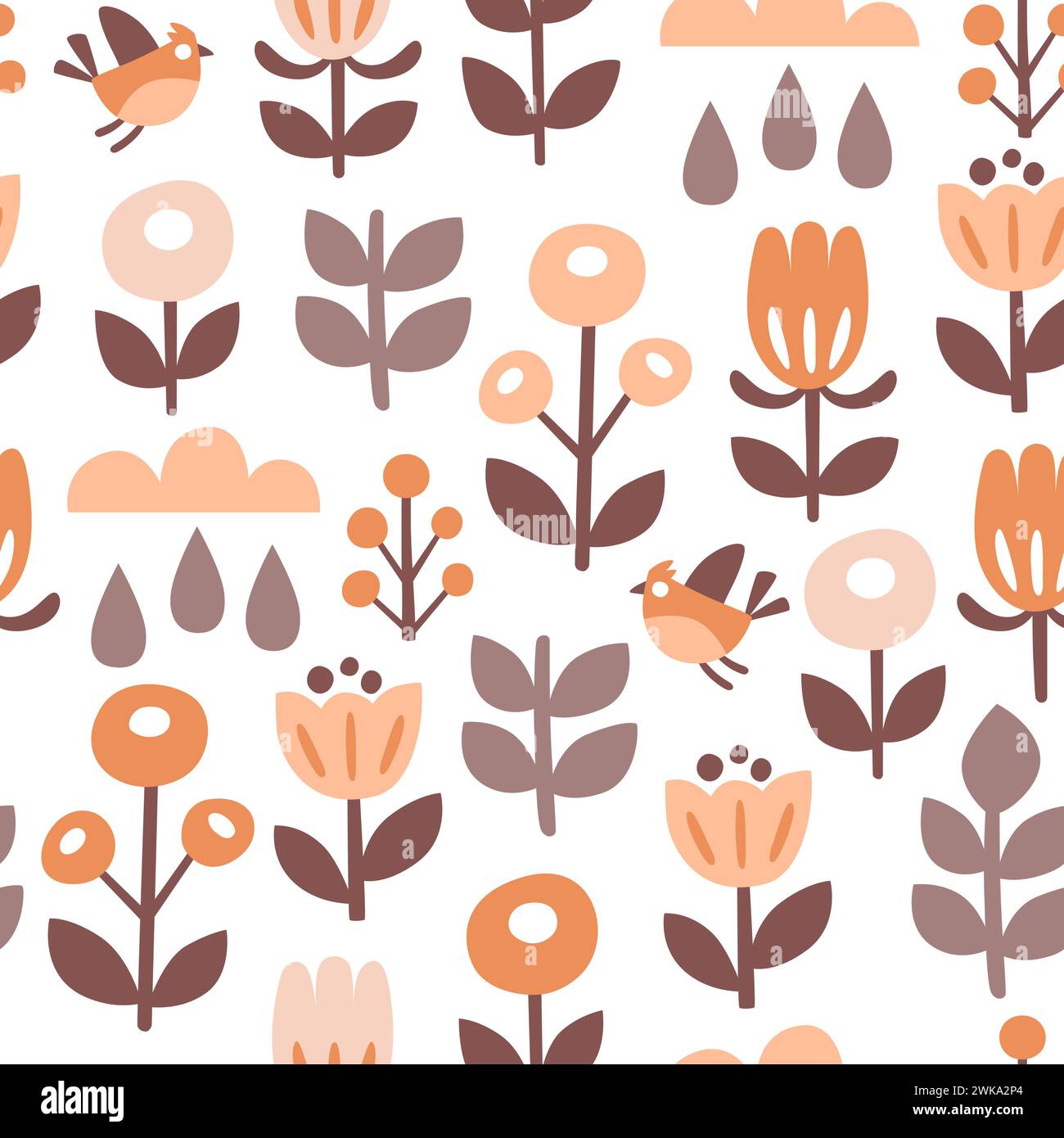 Blumenmuster im skandinavischen Stil in warmen Tönen. Blumen, Zweige und Vögel isoliert auf weißem Hintergrund. Nahtloses Muster. Vektorabbildung. Stock Vektor