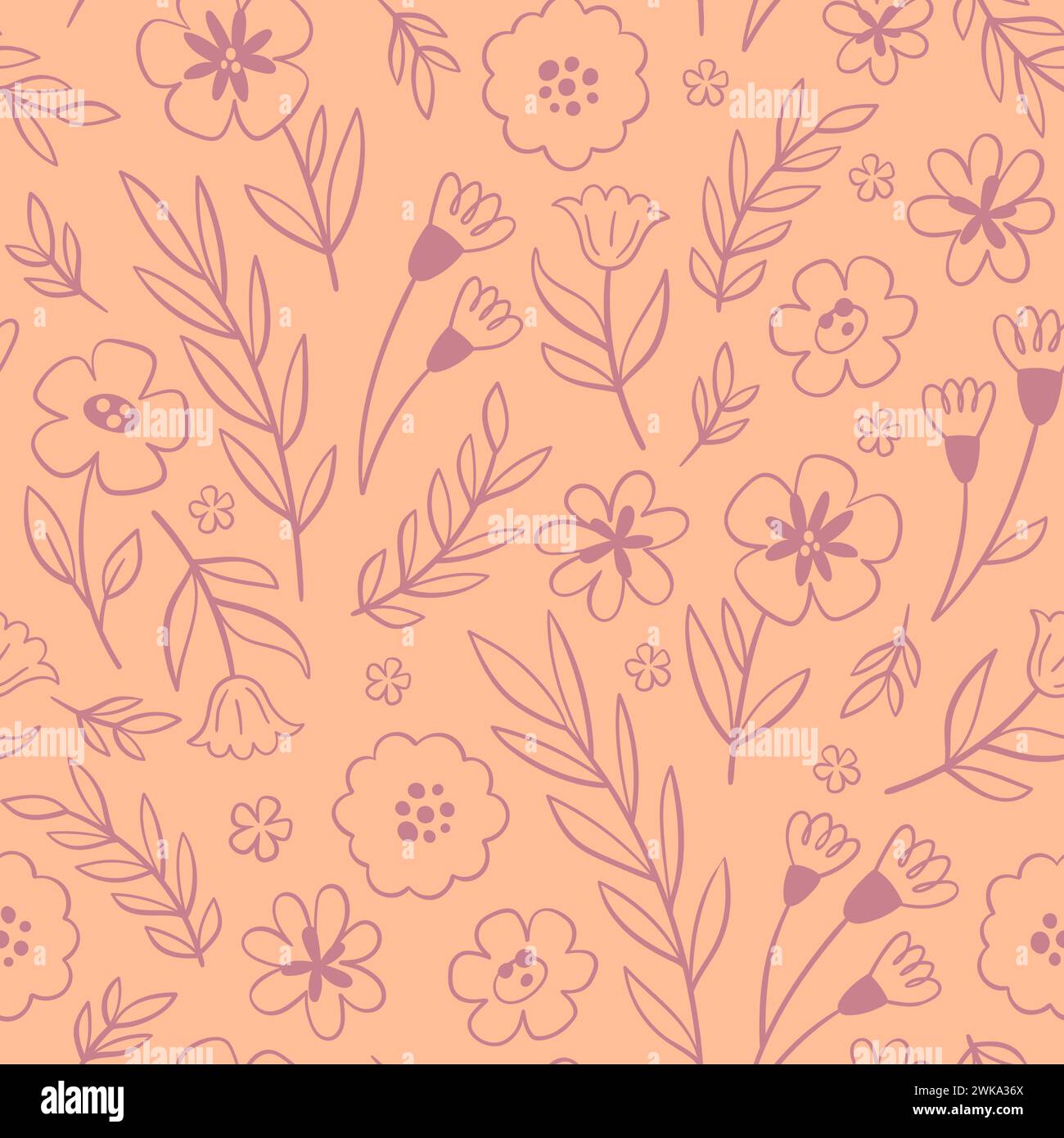 Nahtloses Blumenmuster in warmen Pfirsichtönen. Nahtloses Muster mit Stylenkunstblumen. Vektorabbildung. Stock Vektor