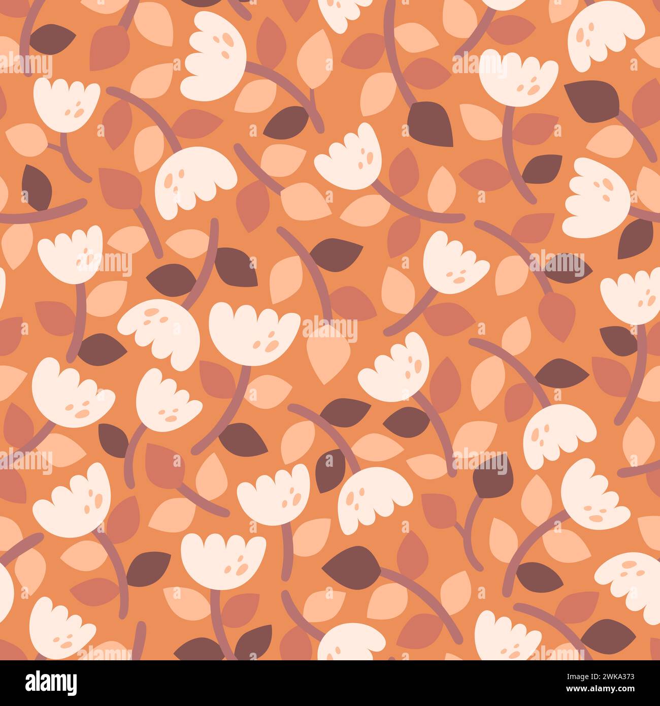 Flaches skandinavisches Blumenmuster. Süße Blumen mit warmen Tönen isoliert auf hellbraunem Hintergrund. Nahtloses Muster. Vektorabbildung. Stock Vektor