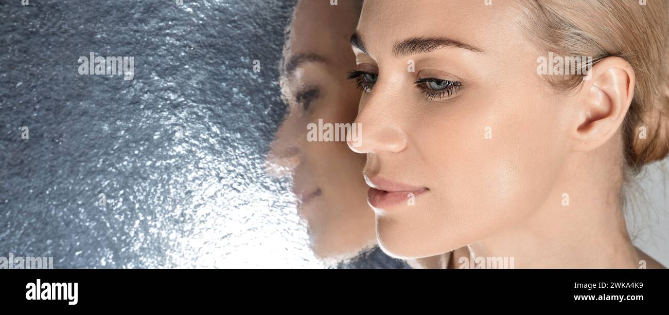 Konzept-Hautpflege und ästhetische Kosmetologie. Frau mit perfekter und glänzender Haut, Schönheitsprofil Stockfoto