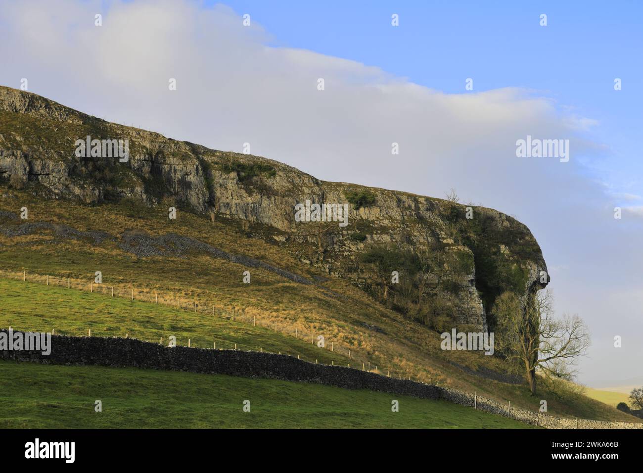 Blick auf Kilnsey Crag, eine riesige überhängende Kalksteinklippe in Upper Wharfedale, Yorkshire Dales National Park, England, Großbritannien Stockfoto