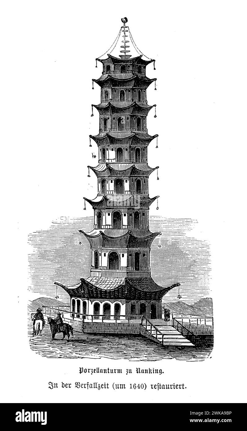 Der Porzellanturm von Nanjing, der um 1640 restauriert wurde, war ein architektonisches Wunderwerk seiner Zeit, mit einer Höhe von etwa 79 Metern. Es wurde mit weißen Porzellanziegeln gebaut, die in der Sonne glitzerten, mit Steinschnitzereien, glasierten Fliesen und Inschriften verziert. Der Turm diente sowohl als buddhistischer Tempel als auch als Leuchtfeuer, mit Lampen, die ihn nachts erleuchteten und einen herrlichen Anblick schafften. Leider wurde es während des Taiping-Aufstandes im 19. Jahrhundert zerstört, bleibt aber ein wichtiges Symbol für Nanjings historisches und kulturelles Erbe Stockfoto