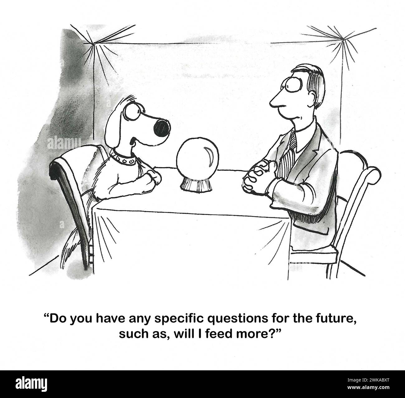 BW-Zeichentrick eines Hundes-Zigeuner-Wahrsagers, der den Mann fragt, ob der Erzähler vorhersagen sollte, ob der Besitzer in Zukunft häufiger Nahrung nehmen wird. Stockfoto