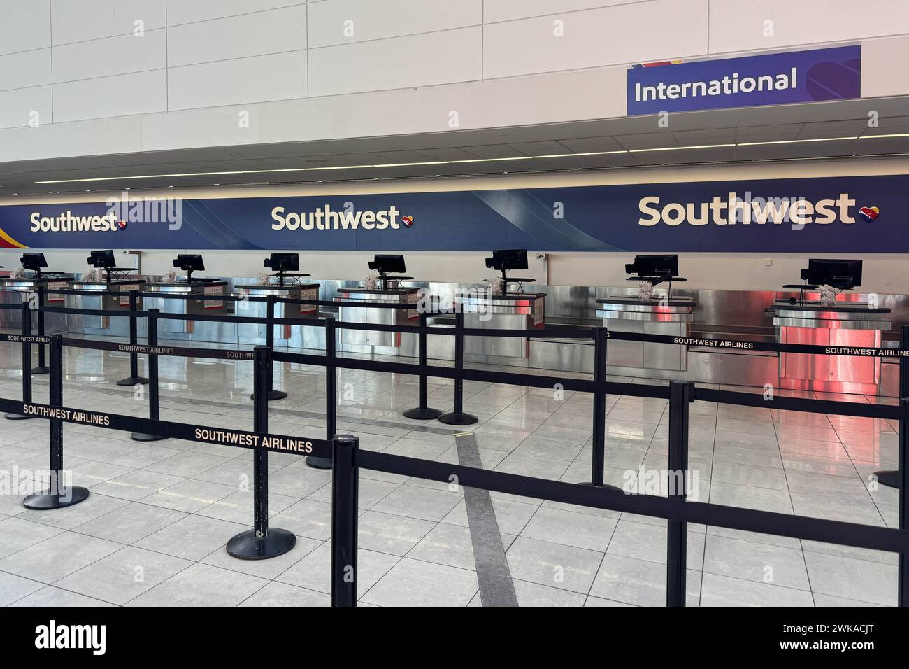 Leere internationale Ticketschalter von Southwest Airlines am Baltimore/Washington International Thurgood Marshall Airport, Sonntag, 21. Januar 2024 in Baltimore, MD Stockfoto