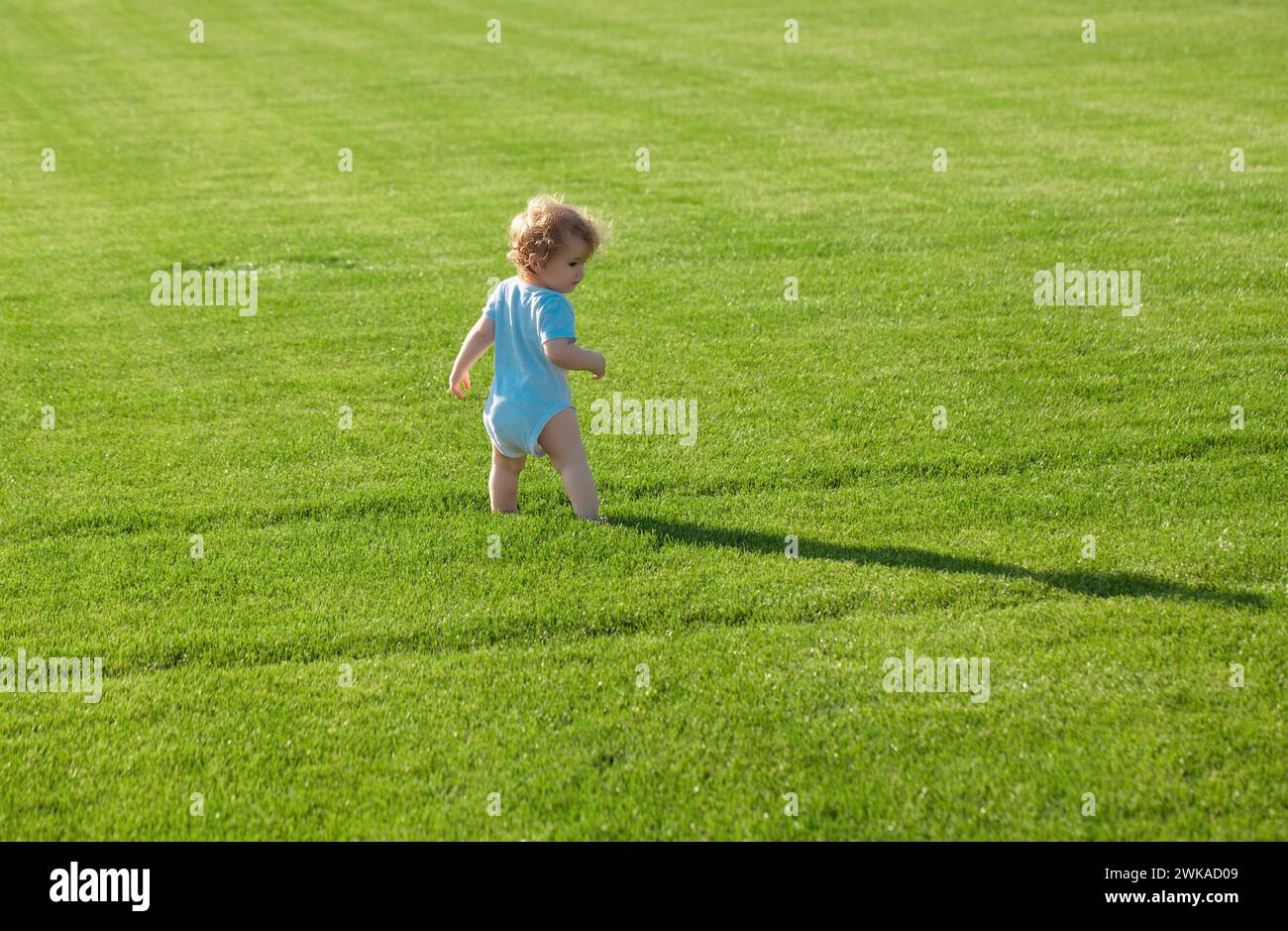 Rückansicht von glücklicher Kindheit und Kinderpflege. Baby in schönen Frühling grünen Feld. Stockfoto