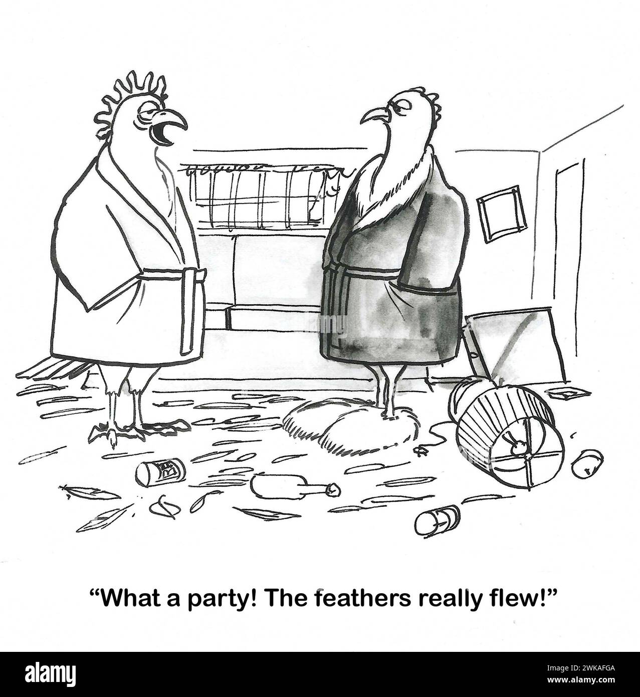 Übrigens, Cartoons von Hahn und Huhn, die auf das Chaos von der Party von gestern Abend guckten - es hat Spaß gemacht. Stockfoto