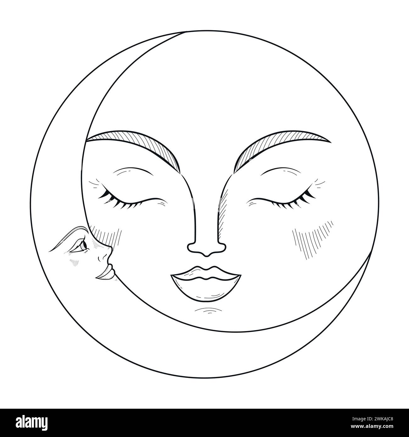 Handgezeichnetes Emblem mit Halbmond und Mond. Monochrome magische Vektorillustration Stock Vektor